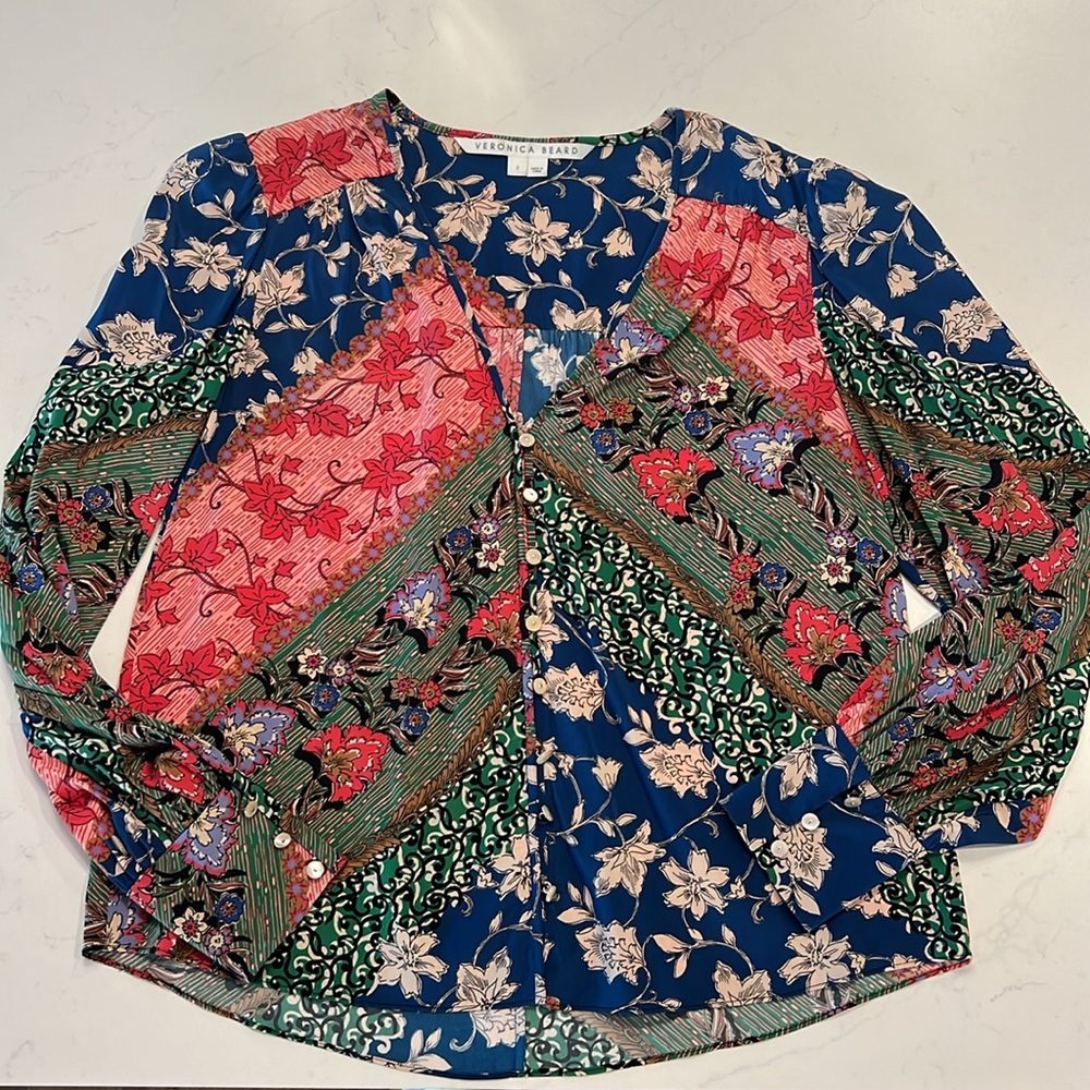 Veronica Beard Patchwork Multi Colored Silk Blous… - image 3